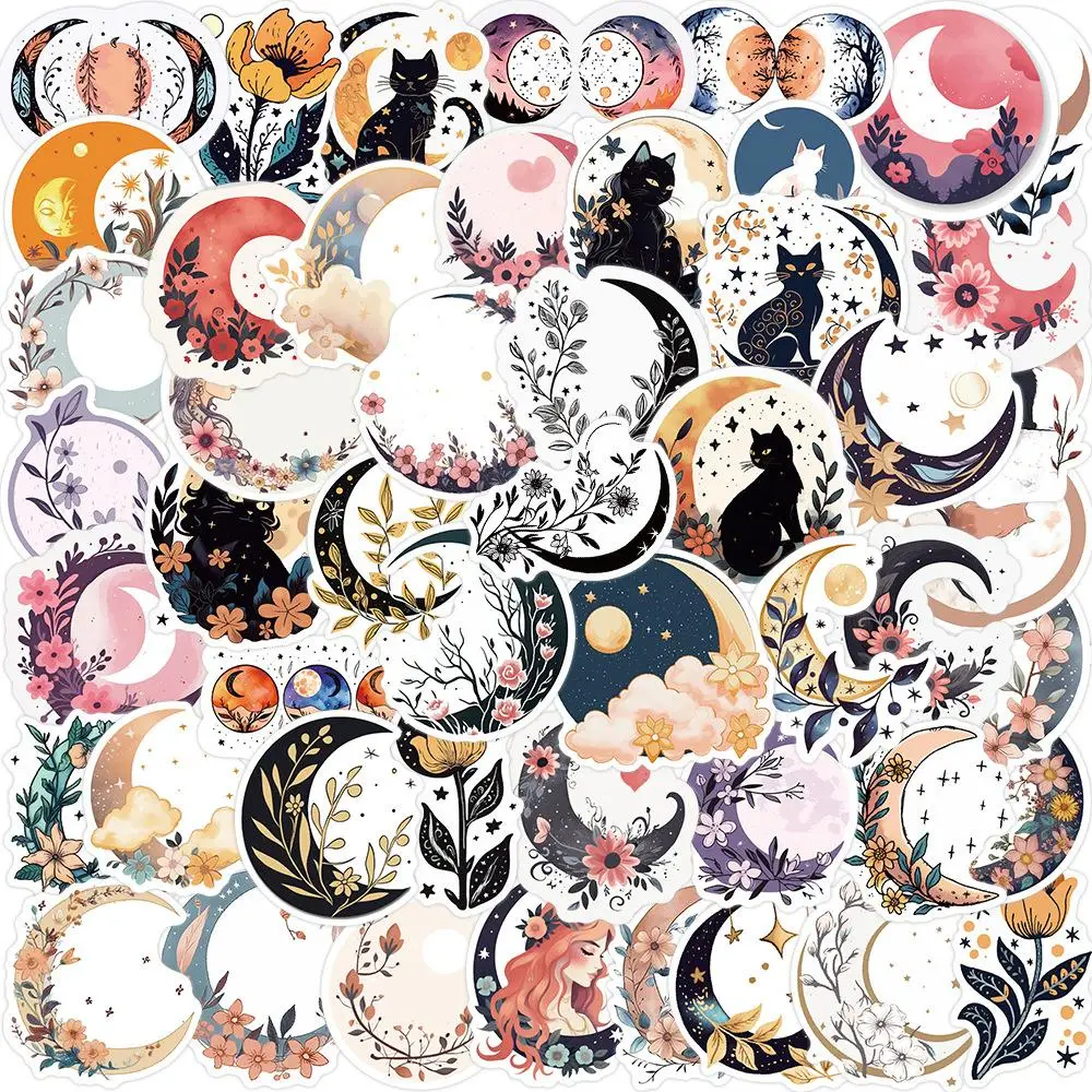 Moon & Flower Pattern Sticker, 50pcs Creative DIY Waterproof Self-adhesive Anime Naughty Stickers for DIY Ornaments, Laptop, Suitcase, Bike, Water Bot