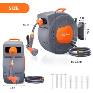 100FT Wall Mounted Retractable Water Hose Reel, Heavy Duty 1/2" Hose Equipped with 9 Pattern Spray Nozzle, 180° Rotatable Bracket, Auto Rewind & Length Lock System, Ideal Outdoor Tool for Garden Watering