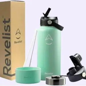 Revelist Sports Water Bottle - 32 Oz, 3 Lids (Straw Lid, Spout & Screw Top) with Boot, Vacuum Insulated Stainless Steel, Double Walled, Reusable Water Flask, Metal Canteen - Cool Mint Green sandy shores