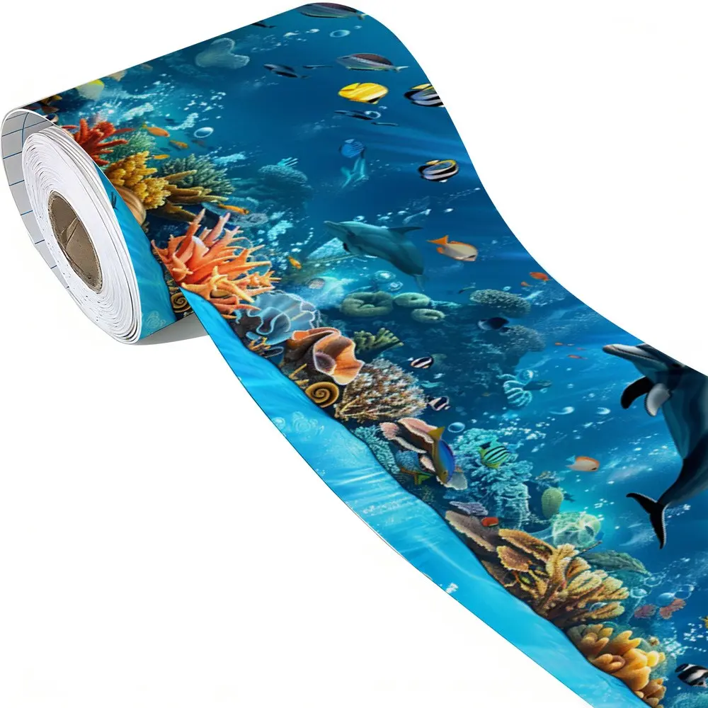 1 Roll 10x500cm (3.9x196.9in) Border Premium. Peel and Stick Wallpaper Border, featuring a vibrant undersea scene with dolphins and colorful fish. Ideal Wall Trim for a Farmhouse or Bathroom. Removable and Durable with a 2D Flat visual effect