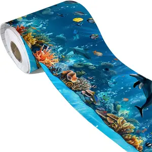1 Roll 10x500cm (3.9x196.9in) Border Premium. Peel and Stick Wallpaper Border, featuring a vibrant undersea scene with dolphins and colorful fish. Ideal Wall Trim for a Farmhouse or Bathroom. Removable and Durable with a 2D Flat visual effect
