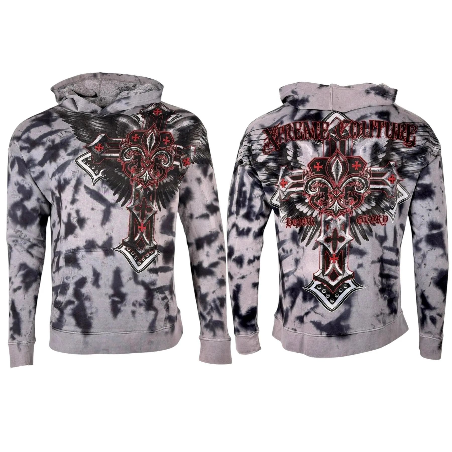 Xtreme Couture by Affliction Men's Long Sleeve Polyester Round Neck Tie Dye Graphic Hoodie Sweatshirt - Blood Sport, Cold Wash Compatible, Menswear Tops, Sweatshirts, Casual, Gothic, Alternative Style, 2000S Aesthetic, Cotton, Full Length