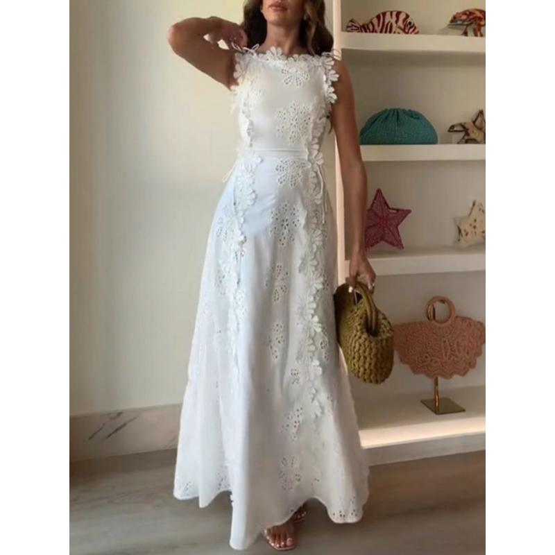 Women'S Elegant Hollow Out Lace-Up Sleeveless High Waist Square Neck Maxi Dress - Fitted Top & Flowy A-Line Silhouette, Solid White Formal & Semi-Formal Evening Gown for Beach Weddings, Parties, Special Occasions - All-Season Versatile Even