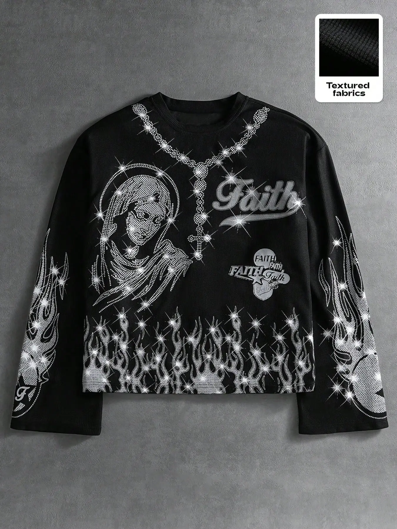 Men's Textured Waffle Faith Crystal Fitted Long Sleeve Casual Pullover Sweatshirt, Virgin Mary Flame Graphic Pattern, Round Neck, Street Style, Rock Concerts & Daily Wear