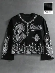 Men's Waffle Faith Crystal Sweatshirt, Virgin Mary Flame Pattern, Round Neck, Street Style, Rock Concerts & Daily Wear