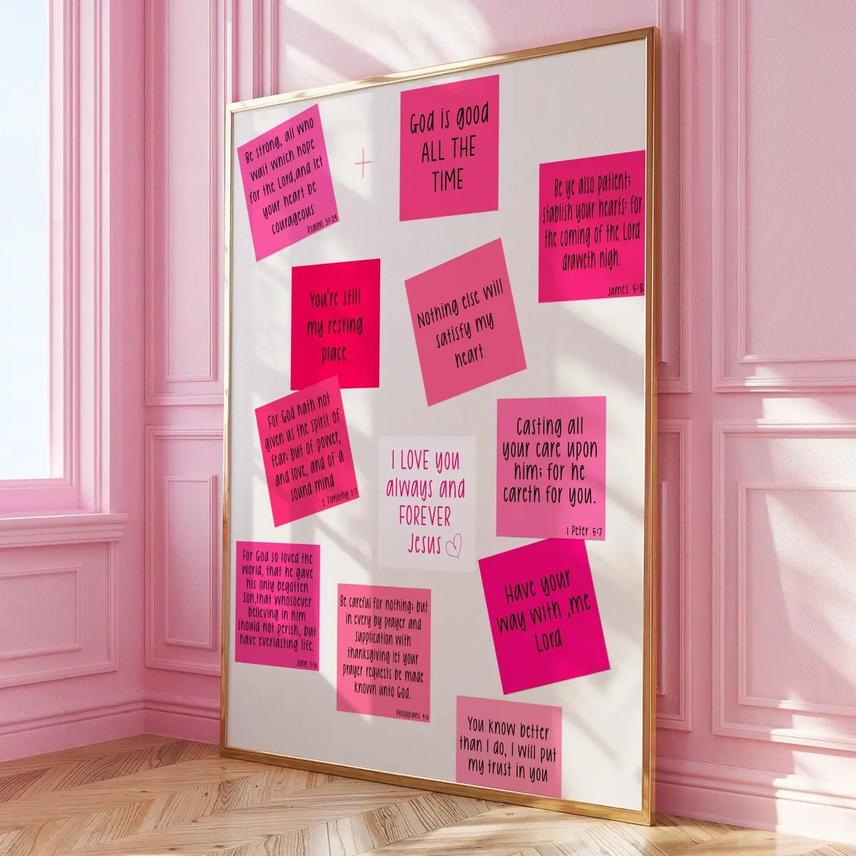 Pink Sticky Note Christian Wall Art Print, Preppy Bible Scripture Poster, Trendy Girly Dorm Bedroom Decor, Aesthetic Pink Verse Wall Art, Unframed