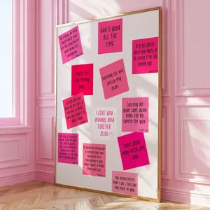 Pink Sticky Note Christian Wall Art Print, Preppy Bible Scripture Poster, Trendy Girly Dorm Bedroom Decor, Aesthetic Pink Verse Wall Art, Unframed