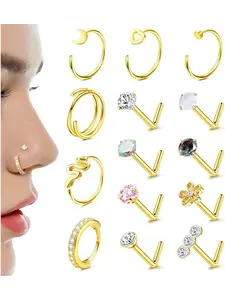 14K Gold Filled Nose Rings Studs 20G 316L Steel Nose Ring 14Pcs L Shaped Nose Studs CZ Hoop Nose Rings Set Nose Piercings Kit for Women Men Nose Piercing Jewelry Gems For Piercings