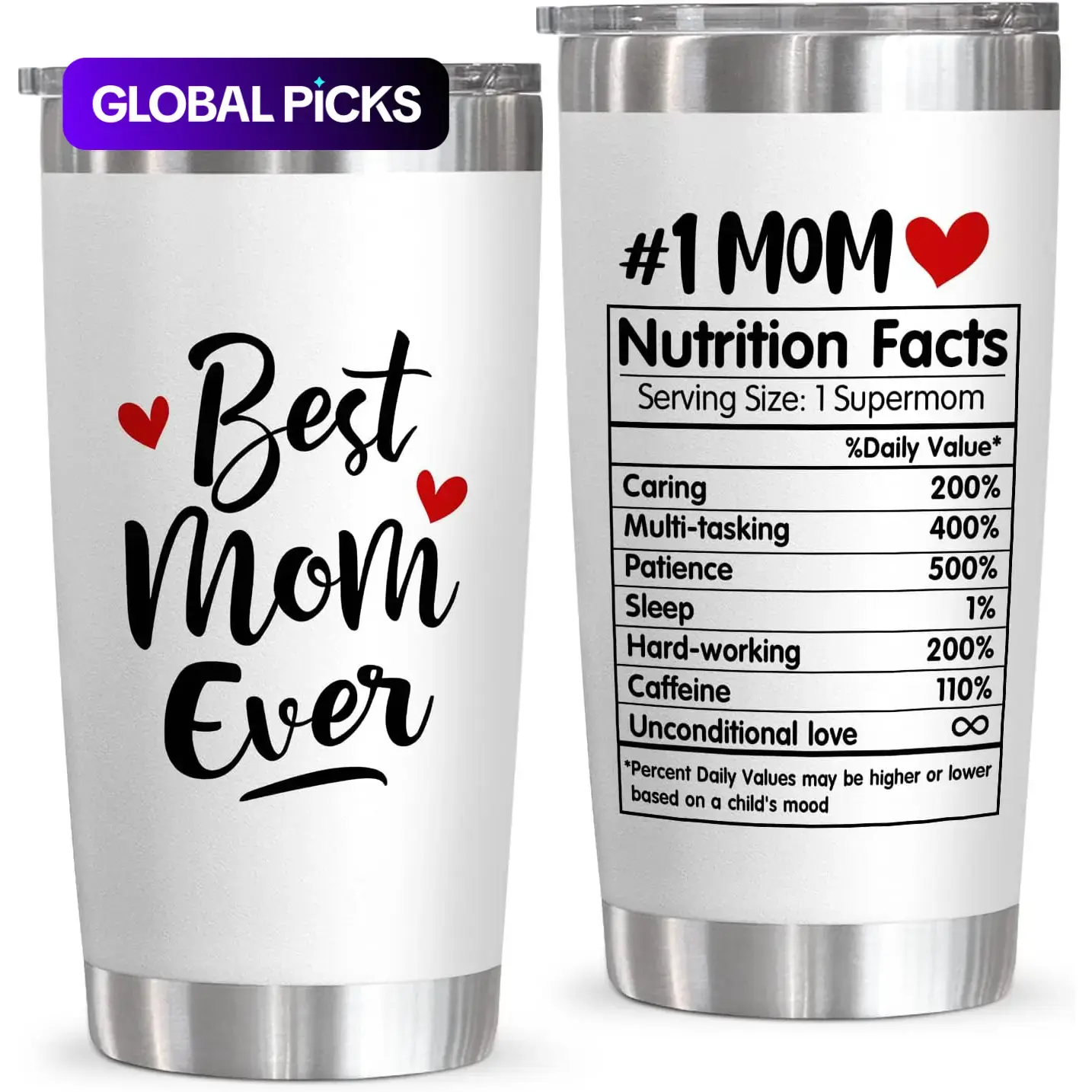20oz Stainless Steel Insulated Tumbler, Best Mom Nutrition Facts Themed Coffee Travel Cup, Vacuum Insulated Drinkware for Home Office, Ideal Mother's Day Gift #GLOBAL PICKS