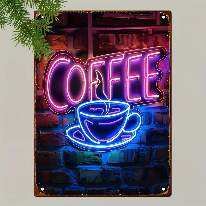 Vintage Neon Coffee Metal Tin Sign (8x12 inches) - Perfect for Home, Bar, Restaurant Wall Decor | Ideal Gift for Halloween & Christmas