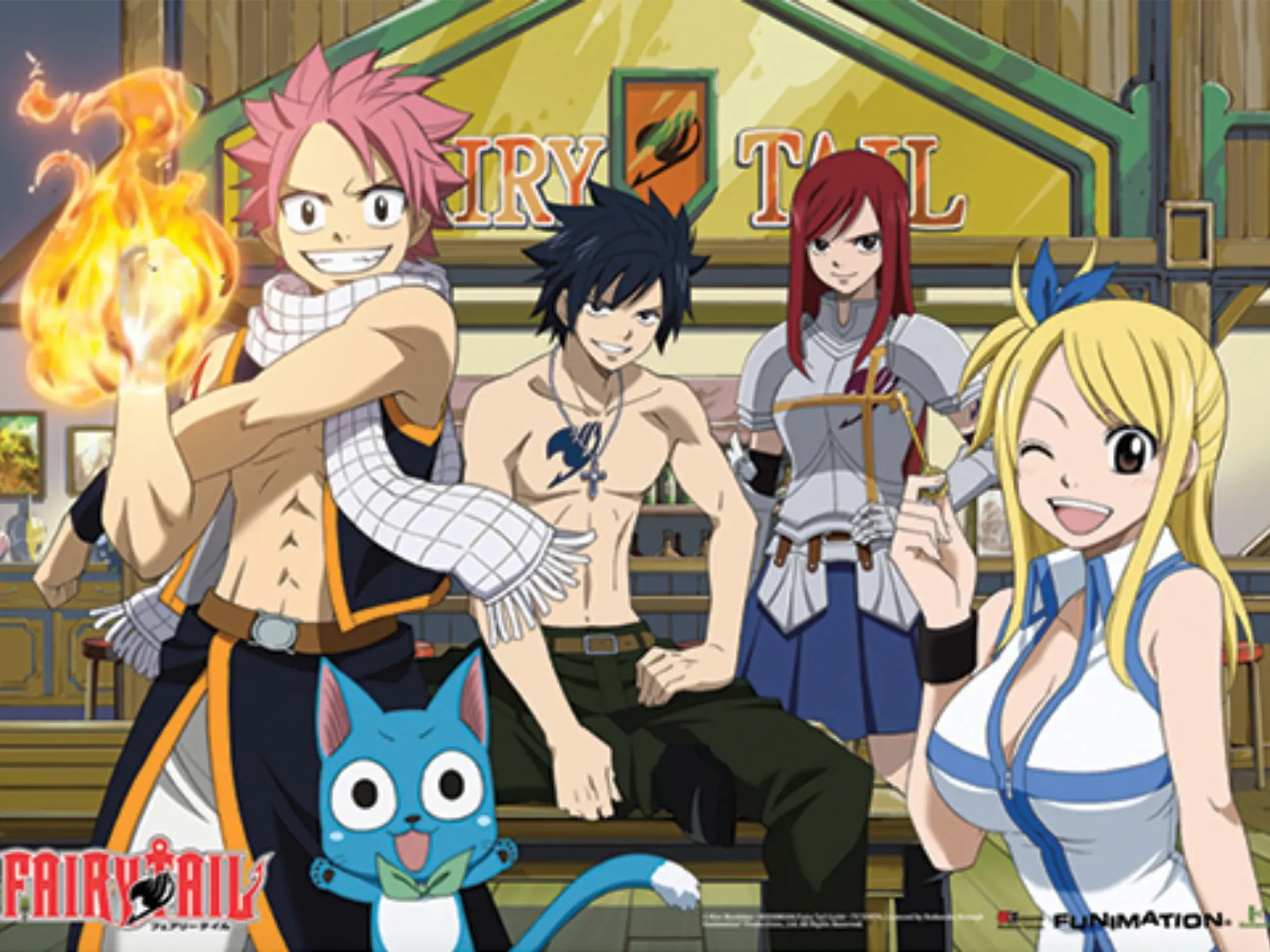 Wall Scroll 44x33" Wide - Fairy Tail Group In Front Of Bar - Art Wall Poster Fabric Hanging Painting For Anime Key Roles