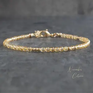 Natural Dainty Citrine Tiny Beads 3mm Yellow Crystal Healing Chakra Gold-Plated Chain Minimalist Bracelet for Women Root & Sacral Chakra Gift