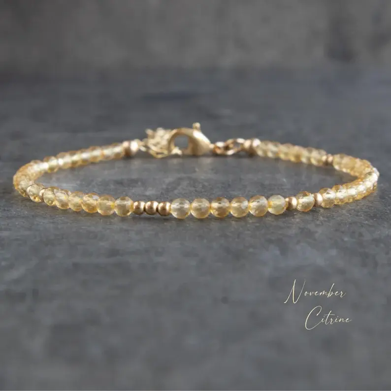 Natural Dainty Citrine Tiny Beads 3mm Yellow Crystal Healing Chakra Gold-Plated Chain Minimalist Bracelet for Women Root & Sacral Chakra Gift, Crystals Bracelets, Chakra Bracelets