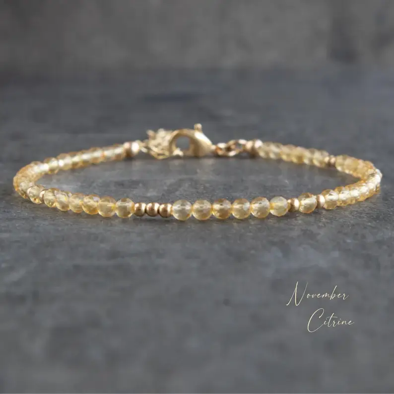 Natural Dainty Citrine Tiny Beads Yellow Crystal Healing Charka Crystal Gold-Plated Chain Minimalist Bracelet Gift for Women