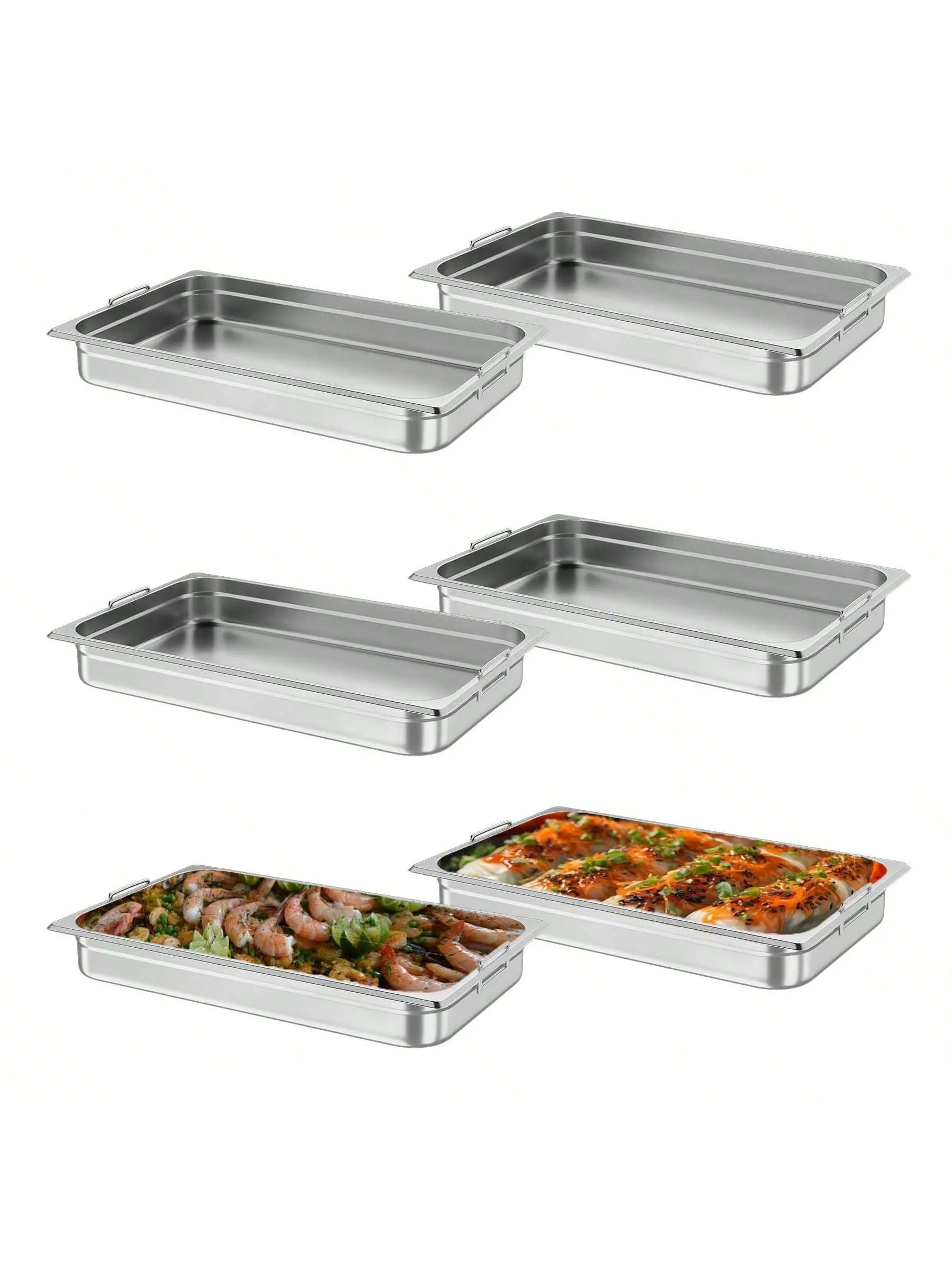 6-Pack Full-Size Heatproof Stainless Steel Food Pans, 2.5-Inch Deep 10qt Cap., NSF-Certified Commercial Catering Steam Table Trays with Handles, Sturdy No-Lid Bakeware for Cold/Hot Use, Six-Pack