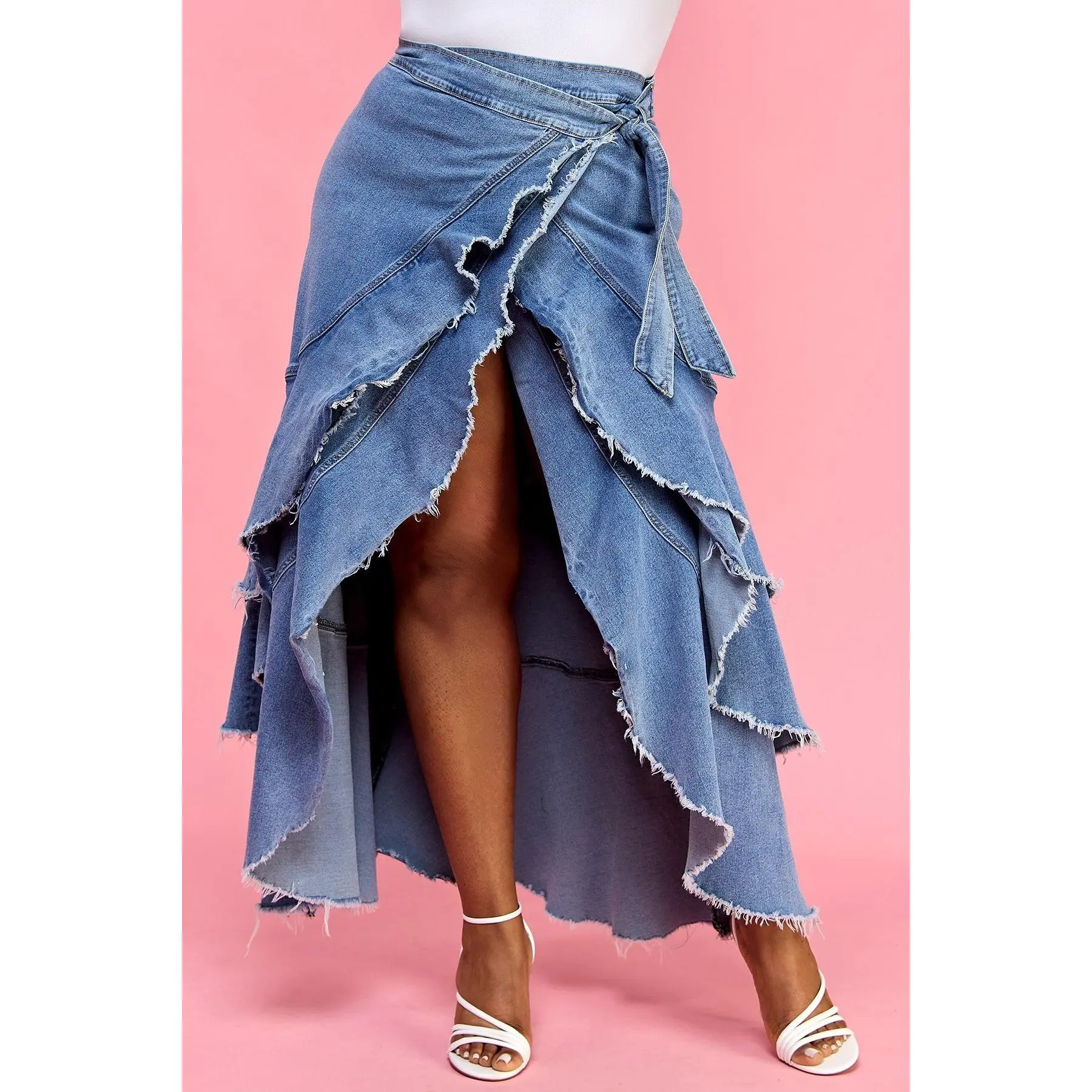 Frayed Ruffle Wrap Skirt