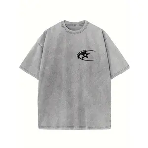 1pc Men's Vintage Washed Cotton T-Shirt- 230g Street Style Regular Fit Crew Neck Star Print Top, All-Season Casual Shirt, Machine Washable Holiday Gift, Soft Texture Short Sleeve