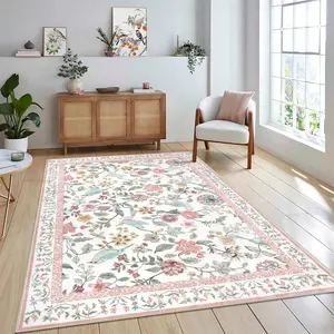Floral Washable 5x7 Area Rug, Soft Non-Slip Pink Rugs for Girls Bedroom Low Pile Flower Birds Living Room Rug, Non-Shedding Botanical Indoor Carpet for  Playroom Dining Room