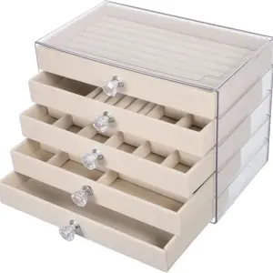 Acrylic Jewelry Organizer Box 5 Drawers Clear Velvet Lined Storage Case with Stackable Design Removable Dividers Tangle Free for Earrings Necklaces Rings Bracelets Vanity Display Box for Women with Cleaning Cloth