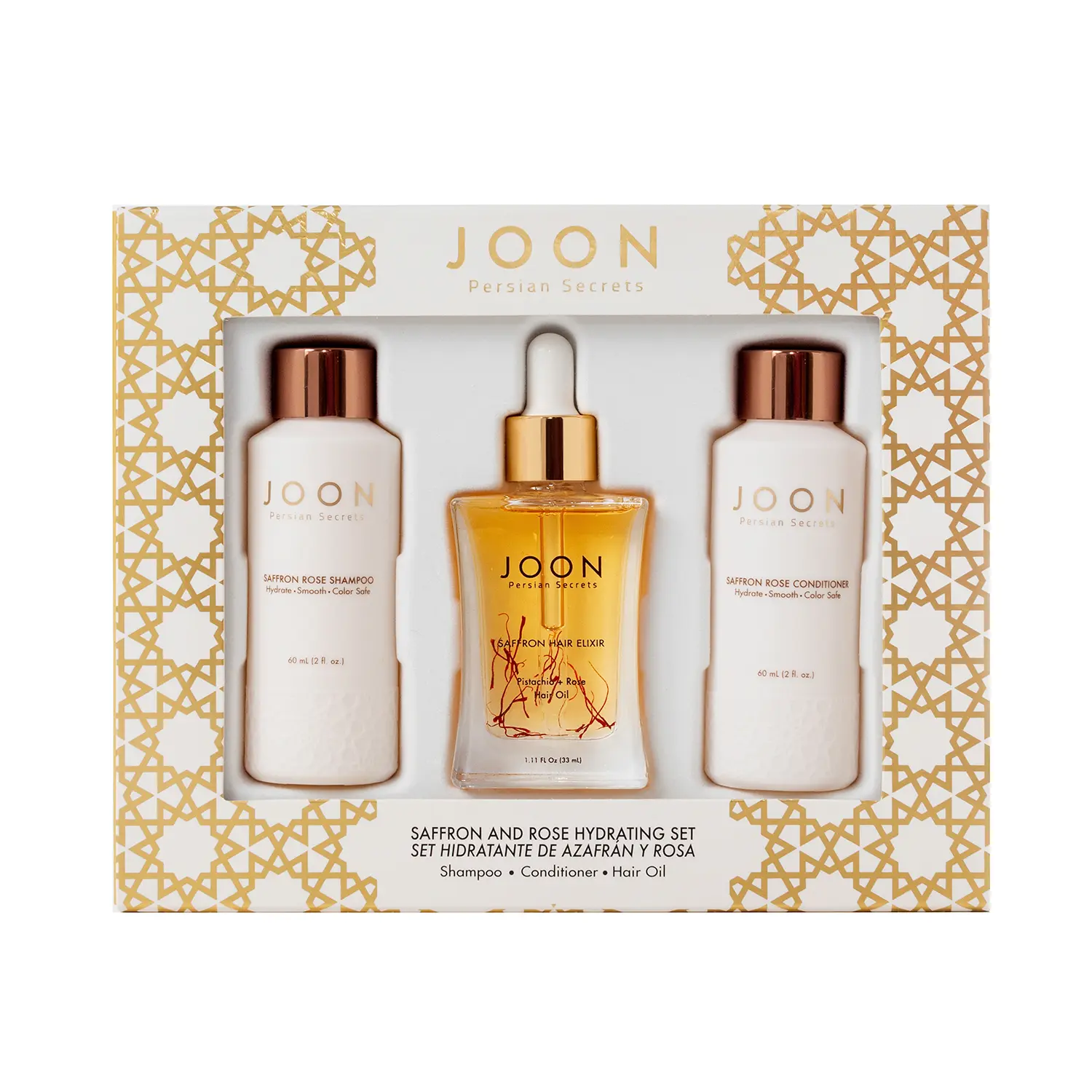JOON Saffron Rose Hydrating Haircare Set - 3-Piece Kit with Cleansing Shampoo, Conditioner & Elixir to Smooth & Repair Dry, Damaged & Keratin Treated Hair, Pomegranate