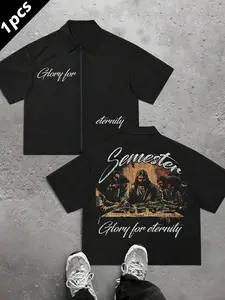 Men's Jesus Print Zipper Short Sleeve Casual Shirt, Summer Street Style Loose Fit Top, Unisex American Design, All Seasons Wear