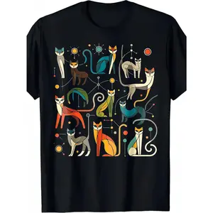 Unisex Retro 60s/70s Cat Print T-Shirt  short sleeve crew neck, multi-color geometric cat design with tabby and tuxedo patterns, available in various sizes, machine washable casual wear, unisex retro style