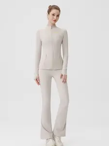 ROROLEMON Women's 2-Piece Workout Set, Slim Fit Zip-Up Stand Collar Jacket & Flare Leggings, Yoga & Gym Outfit