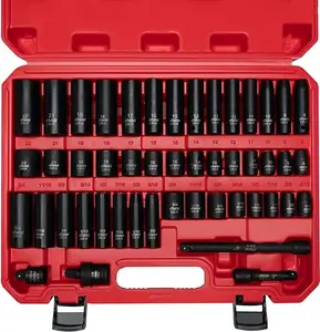 3/8" Drive Impact Socket Set 48-Piece Standard SAE (5/16 to 3/4 inch) and Metric (8-22mm) Size 3" and 6" Drive Extension Bar Impact Universal Joint 3/8" to 1/2" Impact Adaptor CR-V