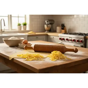 Vintage Wooden Ribbed Rolling Pin | Fettuccine Pasta Cutter