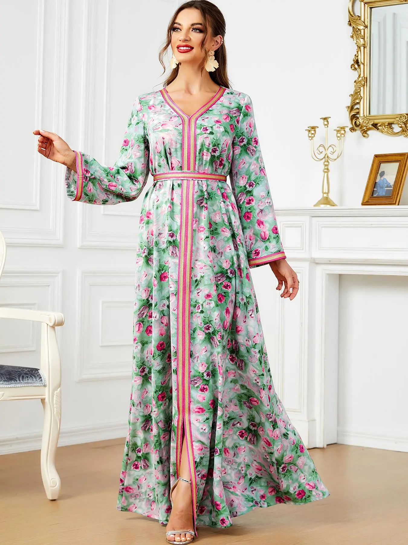 Arabic Clothing - Floral Print Embroidered Split Long Sleeve V Neck Dress, Modest Tie Back A Line Long Dress for Spring & Fall, Women's Islamic Clothi