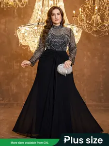 Plus Size Elegant High Neck Long Sleeve Chiffon Evening Dress, Beaded Sequins Embroidery Mesh Patchwork, Party Gown for Women Formal Elegant Dress