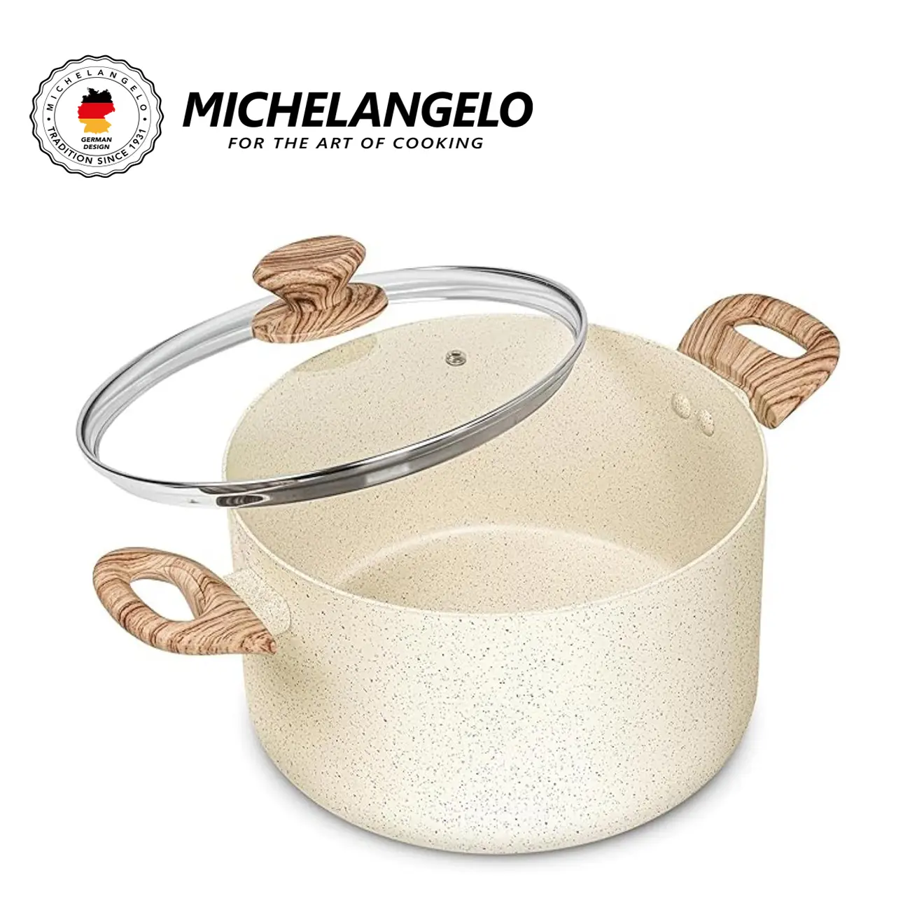 MICHELANGELO Stock Pot with Lid, Nonstick Soup Pot Induction Cooking Pot White Granite, Non Stockpot with Stay-cool Handle Aluminium Cookware