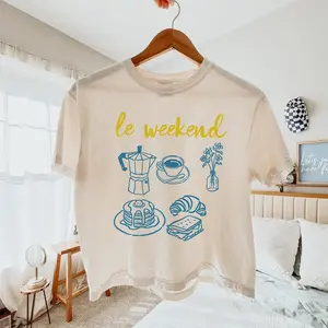 Le Weekend Boxy Tee, French Breakfast Women's  Summer Shirt, Comfort Colors Boxy T Shirt, Coffee Beach Party Vacation Trip Cropped Tee, Preppy y2k Aesthetic Top, Cute Clothes, Gift for Girl Her Wife Girlfriend Mom Daughter
