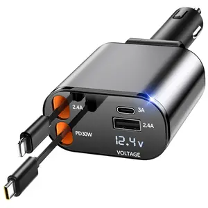 4 in 1 Retractable Car Charger, USB C Fast Charging Adapter with Lightning Cable Compatible with iPhone 16/15/14/13 Pro Max Plus, Samsung S23/S22/S10
