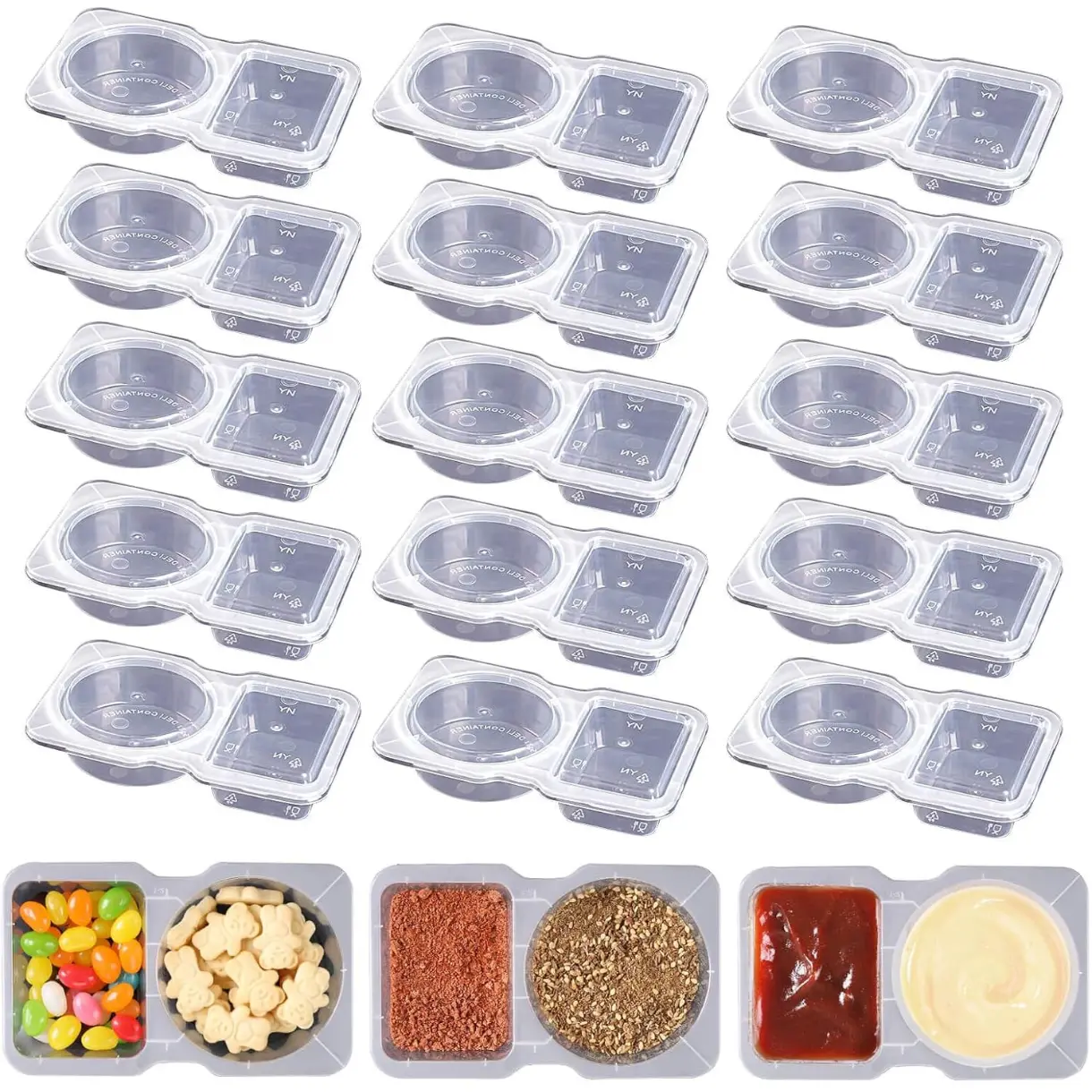 15 Sets Double Compartment Condiment Containers with Lid, Transparent Small Plastic Dipping Containers for Condiments or Dips, Sauce Snack, Salad Dressing, Sampling, Travel Snack