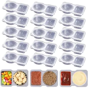 15 Sets Double Compartment Condiment Containers with Lid, Transparent Small Plastic Dipping Containers for Condiments or Dips, Sauce Snack, Salad Dressing, Sampling, Travel Snack