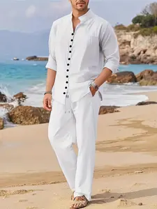 Men's casual textured white suit, featuring a stand-collar jacket paired with wide-leg trousers, finely tailored to create a mature and stylish casual look, a complete set of men's suits. Clothes Long Sleeve Classic Fabric Fashion Menswear Overall Pants
