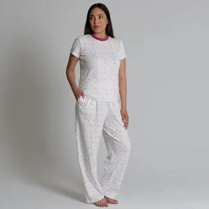 Women's Regular Fit  100% Soft Cotton Pointelle Rib 3 Pocket Printed Pajamas