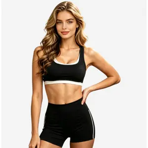 Women's 2 Piece Workout Outfits - Double-Layer Sports Bra & High Waist Biker Shorts, Soft Athletic Yoga Set with Contrast Trim