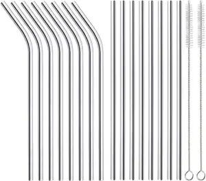 16 Pack of Reusable Stainless Steel Metal Straws, 8 Straight + 8 Bent 8.5 inch Metal Straws with 2 Cleaning Brushes, Straw Compatible with 20oz Stanley Cup