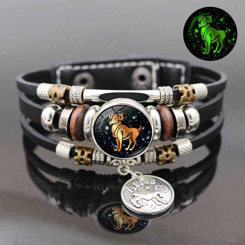 Luminous 12 Zodiac Signs Leather Bracelet — Unisex Gift, Commemorative, Handmade, Multi-Layer Beaded Wristband & Creative Jewelry