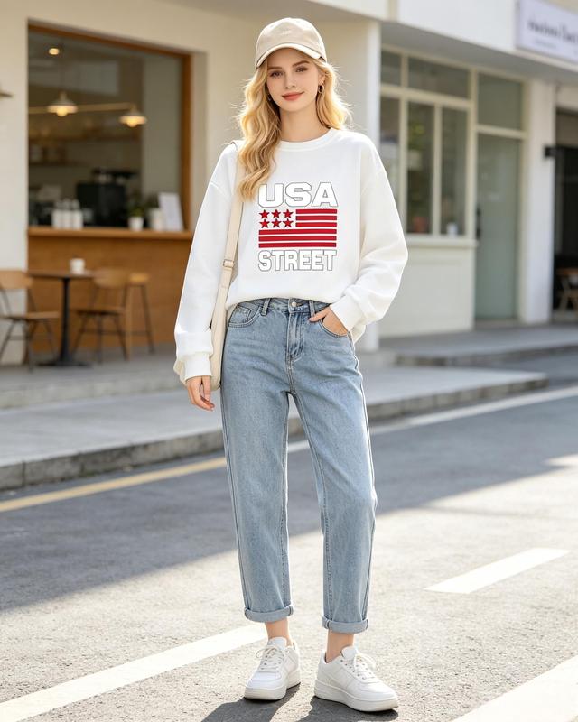 Women's USA Street Flag Graphic Crewneck Sweatshirt - Patriotic, Casual, Chic Look, Fitted Cut, Medium Length, Comfortable Fall Pullover