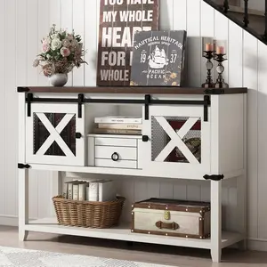 Farmhouse Entryway Table with 2 Sliding Barn Doors & Drawer, 46'' Rustic Console Table with Storage, Open Shelf Space, Industrial Sofa Table for Living Room, Entryway, Hallway, Vintage White/Brown