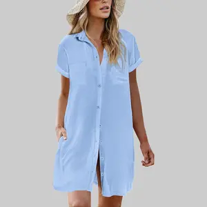 Women's Bathing Suit Cover Ups Summer Shirt Dress Casual Short Sleeve Button Down Beach Shirts with Pockets S-XXL