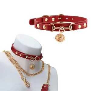 Vintage Leather Choker Collar, Bell Collar Choker with Matching Leash Set Soft Faux Leather Necklace for Puppy