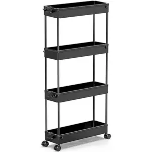 Slim Rolling Storage Cart 4 Tier Bathroom Organizer Cart Mobile Shelving Unit Slide Out Utility Cart for Kitchen, Bthroom, Makeup, Craft, Laundry Narrow Places, Black