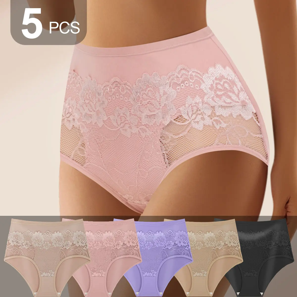 QUASTI 5PCS Women's Milk Silk Sexy Lace Patchwork Bikini Panties, Seamless Smooth Comfortable Everyday Briefs, Breathable Tummy Control Translucent Sexy Panty, Mix Colors Elegant Comfortable Underwear, S-XXL