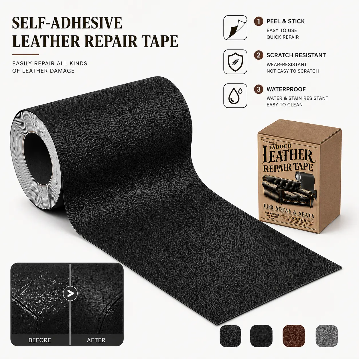 Self-Adhesive Leather Repair Patch (17×79 in & 3×60 in) - Cuttable Waterproof Leatherette Sticker, Covers Cracks and Scratches, Durable for Car Seats, Headboards, Furniture Upholstery Easy Home DIY Repair