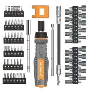 MulWark 63PC Magnetic Ratcheting Screwdriver Bit Set - Includes Slotted, Torx, Hex, Pozi, Philips, Square, and Nut Driver for SAE & Metric Multi-Function Magnetic Screwdriver Set