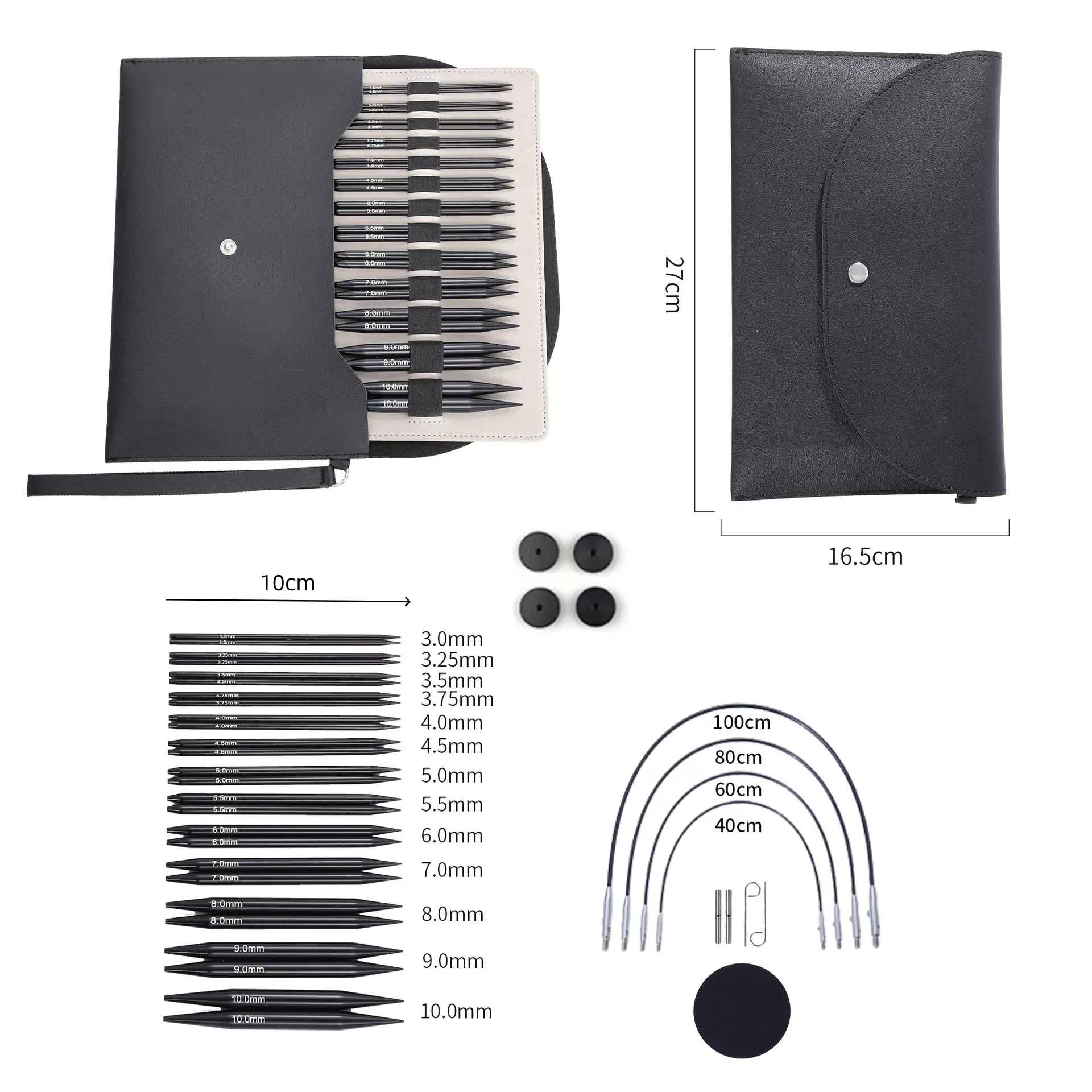 Black Anodized Aluminum Interchangeable Circular Knitting Needle Set - 4.72in Shorties (3mm-10mm), PU Leather Case, Cables, Accessories (13-Pairs) for Birthday, Holiday Gifting with Hidden Compartment